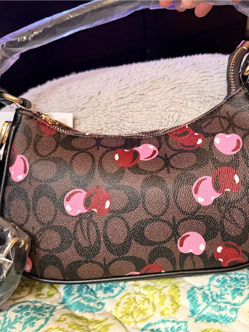 Beautiful brown faux leatherCherry Print Shoulder Bag w/ Pink & Red